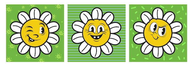 Cartoon funny retro chamomile characters square stickers emotions with funny faces Vector set
