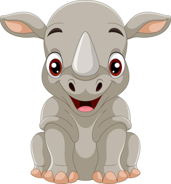 Vector cartoon funny rhino sitting on white background