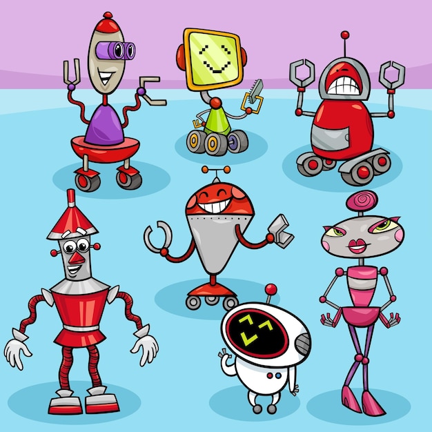 漫画の面白いロボットとドロイドのキャラクター グループ