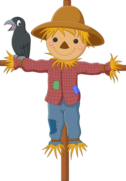 Vector cartoon funny scarecrow with crow bird