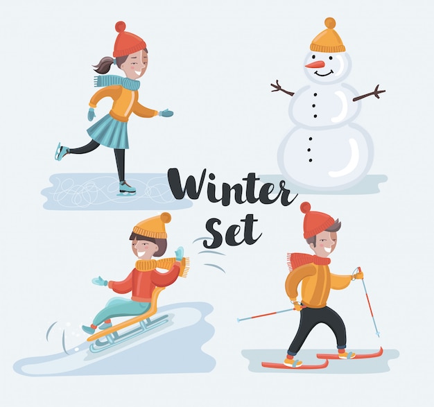 Cartoon funny set of scene illustrations of winter holidays. skiing, skating girl, snowman, sledding. winter kids fun on snowy outdoor landscape.  characters on white background