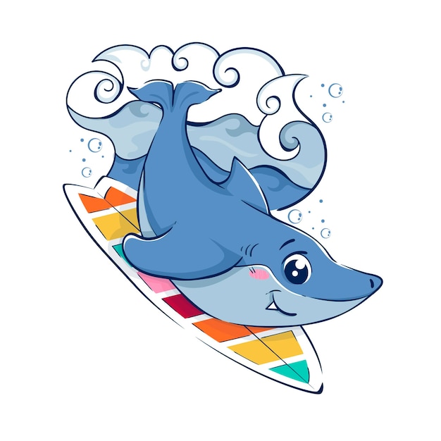 Cartoon funny shark is surfing on the wave