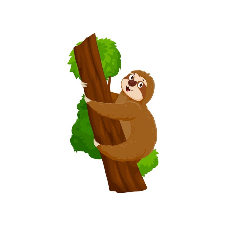 Vector cartoon funny sloth character climbing on tree