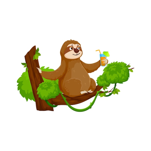 Vector cartoon funny sloth character enjoys tranquil relax on a tree branch with cocktail glass in hand isolated vector serene and lazy tropical animal personage capturing the essence of leisure and comfort