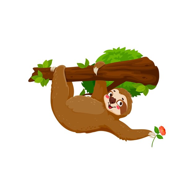 Vector cartoon funny sloth character hanging from tree