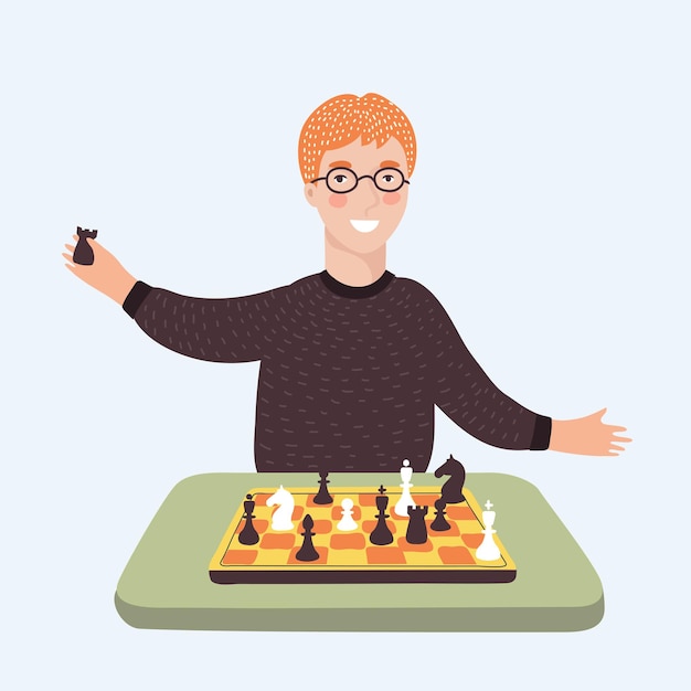 Cartoon of funny smart boy in glass playing chess.