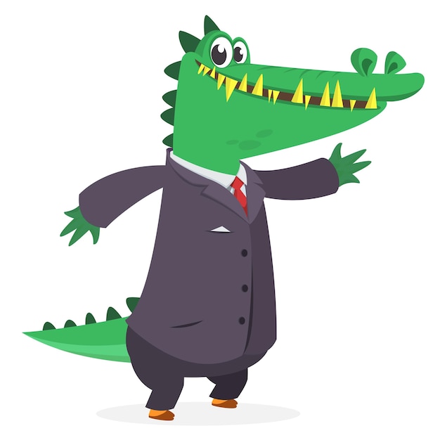 Cartoon funny smiling crocodile wearing toxedo or business suit vector illustration of green aligator