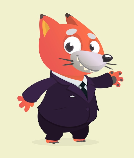 Vector cartoon funny smiling fox wearing toxedo or business suit vector illustration isolated