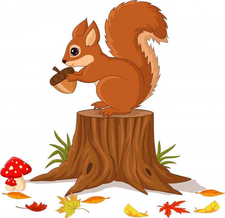 Vector cartoon funny squirrel holding pine cone on tree stump
