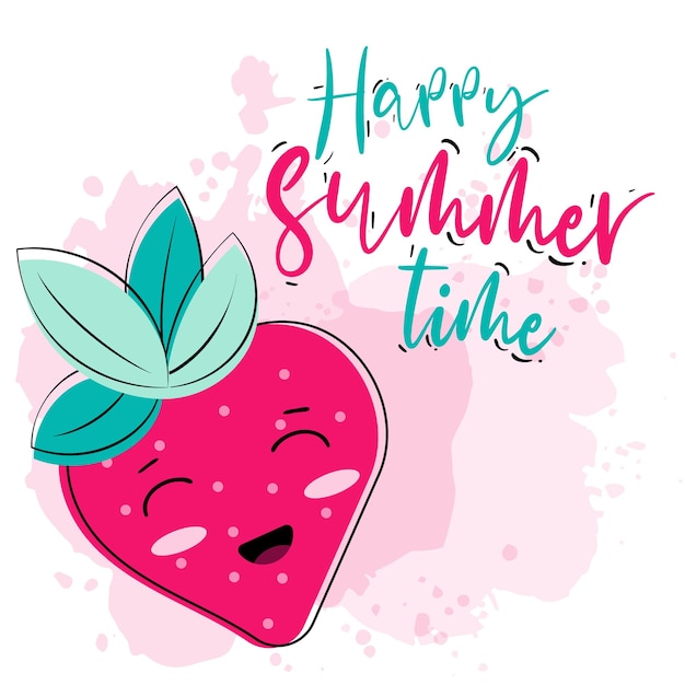 Cartoon funny strawberry character with summer lettering quotes With watercolor vector brush shapes Juice spots Printable card Good for prints children products