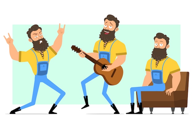 Vector cartoon funny strong bearded lumberjack postures