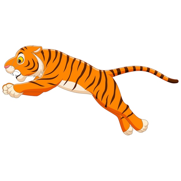 Cartoon funny tiger jumping on white