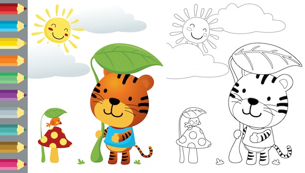 Cartoon of funny tiger and little bird hiding from blazing sun using leaf