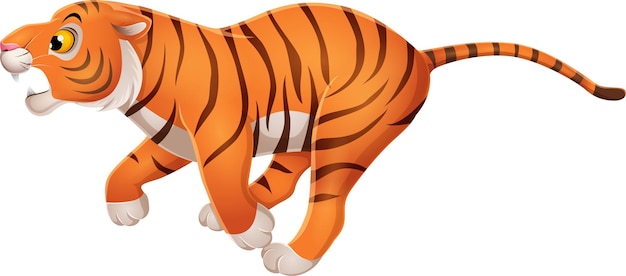 Vector cartoon funny tiger running on white