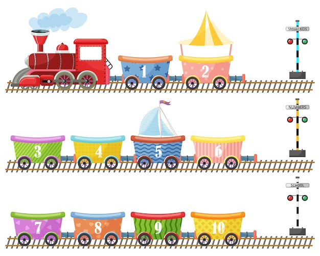 Vector cartoon funny train with numbers red locomotive long railroad concept of kid transportation funny travel happy children cheerful trip preschool kindergarten education vector illustration