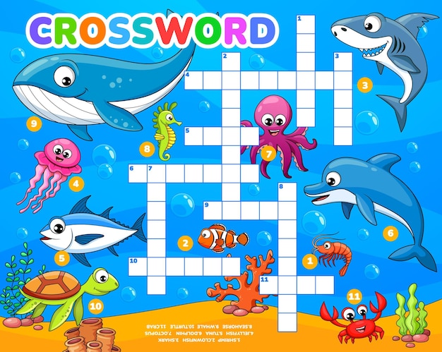 Cartoon funny underwater animals and fish crossword grid worksheet Find a word quiz of sea wildlife Vector puzzle game of dolphin shark octopus and whale crab shrimp tuna and seahorse