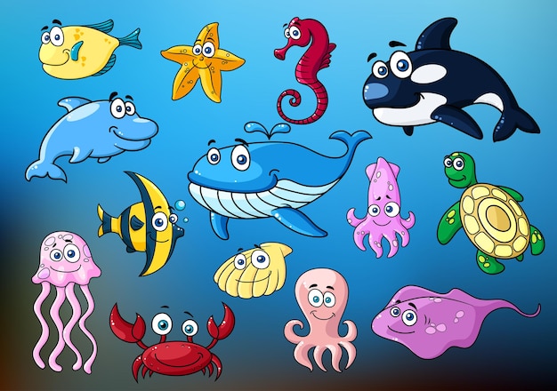 Vector cartoon funny underwater animals wildlife or mascot