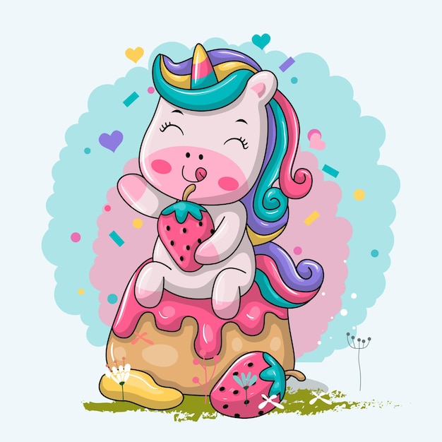 Unicorno divertente del fumetto sulla torta dolce.