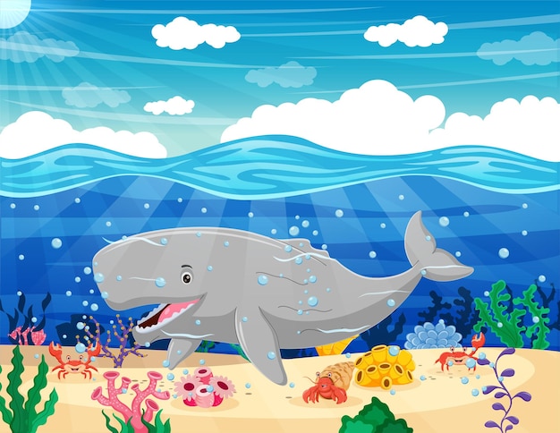 Cartoon funny whale swimming in the ocean Vector illustration