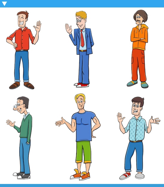 Vector cartoon funny young men comic characters set