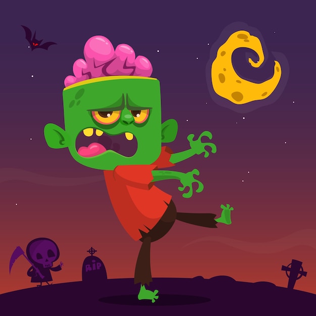 Cartoon funny zombie halloween vector illustration of scary monster