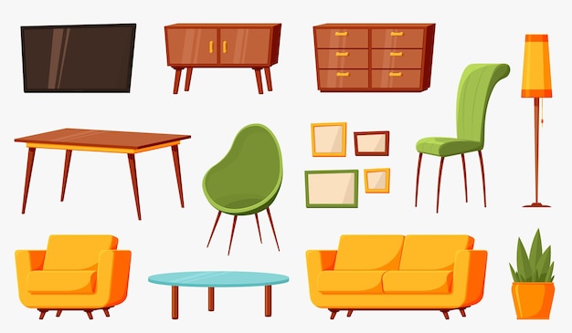 漫画の家具部屋の家具インテリア リビング ラウンジ要素分離家の装飾モダンなソファ テーブル椅子とランプ最近のベクトル コレクション