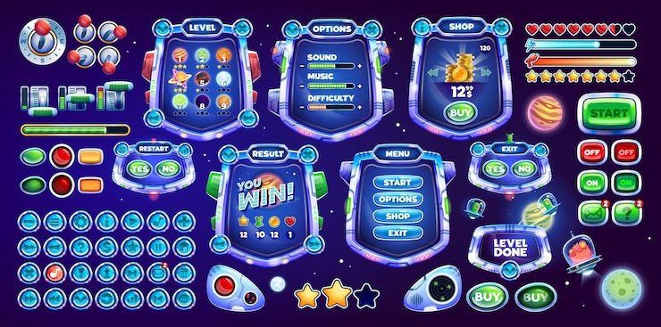 Vector cartoon galaxy space game interface game buttons gui elements ui game asset of menu vector screens spaceship status bars panels and buttons with planets coins stars ufo and alien characters