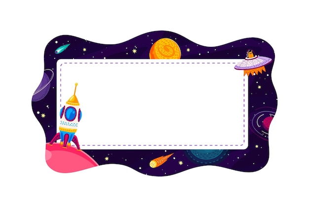 Vector cartoon galaxy space kid frame with ufo and rocket