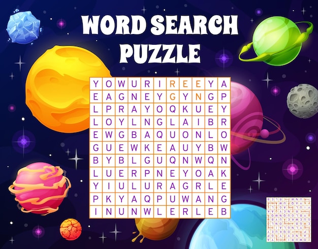 Cartoon galaxy space planets word search puzzle