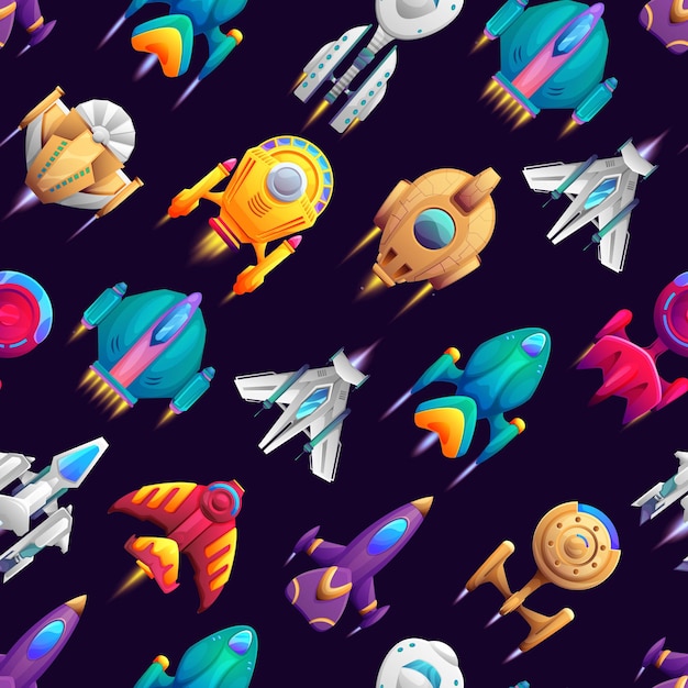 Cartoon galaxy space starships seamless pattern