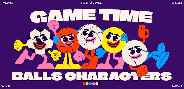 Cartoon game balls in 90s style Sports characters colorful doodles with typography