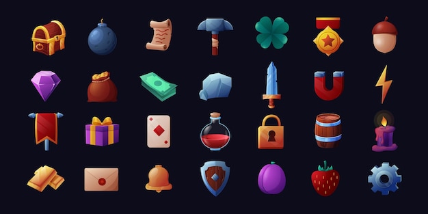 Vector cartoon game icons mobile game elements weapon potion money trophy and inventory elements vector set