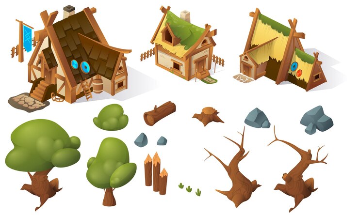 Cartoon game isometric elements house trees stones
