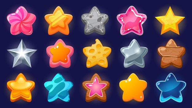 Vector cartoon game star level up and win bonus ui icon for mobile game and web application colorful various stars of different shapes and colors vector award graphic set