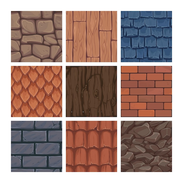 Cartoon game texture Roof and wall backgrounds for gaming UI Stone block and brickwork Rock soil and wooden construction materials Grunge house surfaces mockup Vector geological structures set