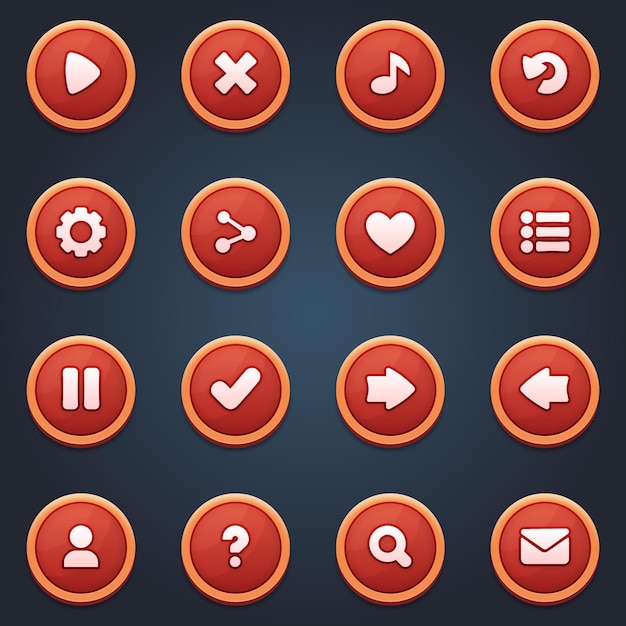 Вектор cartoon game ui buttons kit for mobile games play pause retry поиск стартовое меню и настройки