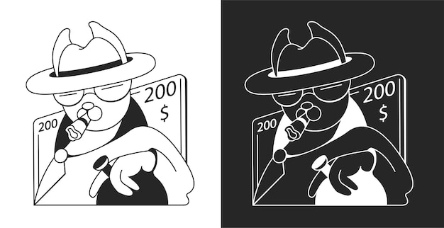 A cartoon of a gangster with a bill and a hat.