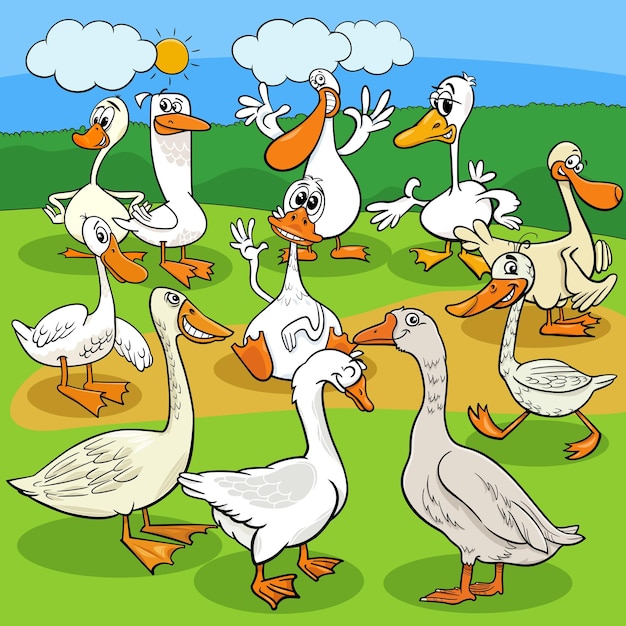 Vector cartoon gans boerderij vogels dier personages groep