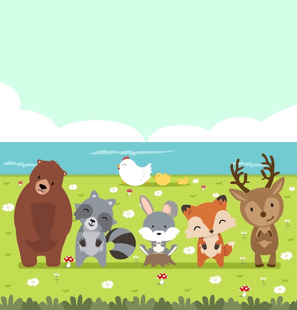 Vector cartoon garden animals with field background