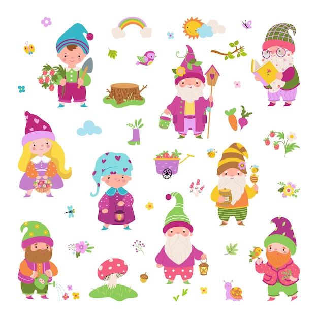 Vector cartoon garden gnomes fairy dwarf characters cute flat female and male dwarfs vegetables plants and birds summer spring autumn nowaday vector collection