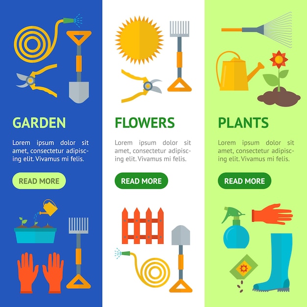 Cartoon Gardening Equipment Banner Vecrtical Set Vector