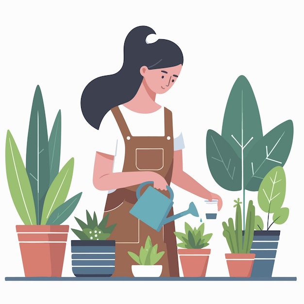 cartoon of a gardening woman watering houseplants in flat design style