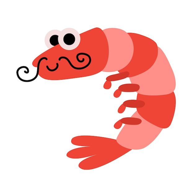 Cartoon garnaal met een snor Zeekarakter voor logo icoon in platte kleurstijl