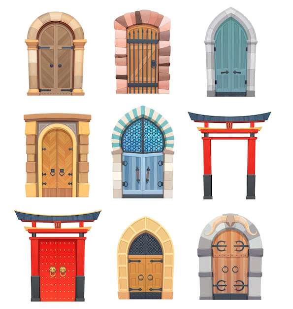 Vector cartoon gates and doors wooden and stone medieval asian