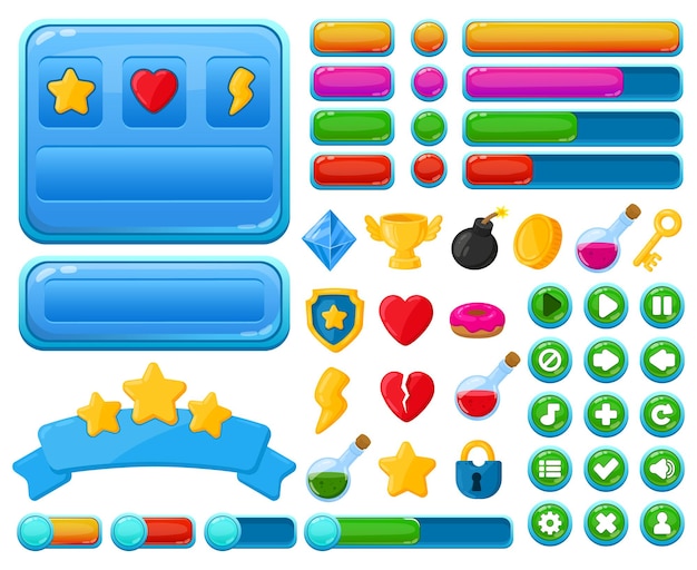 Cartoon gebruikersinterface casual videogames ui kit-elementen. Spelinterfaceknoppen, menu-elementen en speltrofeeën vectorillustratieset. Casual games ui kit-symbolen als trofee, diamant, hart