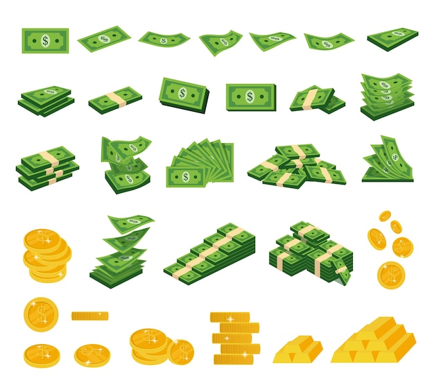 Cartoon geld dollarbiljetten en gouden munten vector illustraties set