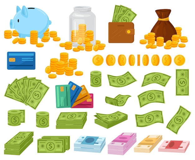 Cartoon geld dollarbiljetten munten en cash wad Piggy bank en zak met munten vol geld vector illustratie set portemonnee met contant geld en creditcards besparing van inkomsten in pot storting