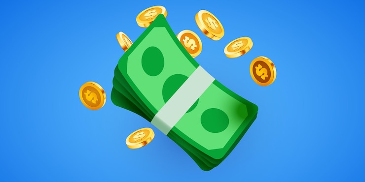 Vector cartoon geld symbool wad van contant geld en vliegende munten