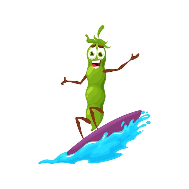 Cartoon gelukkig groene erwt karakter op surfplank op een golf grappige vector sportman bean pod rijden water golven op surfplank watersport recreatie zomervakantie activiteit personage op vakantie