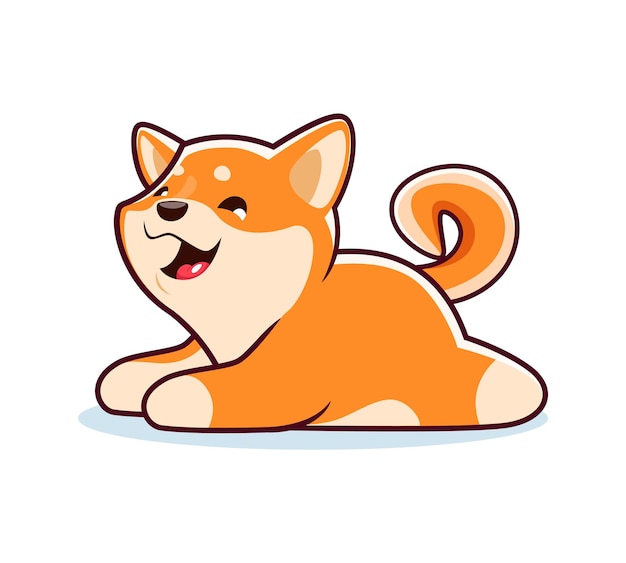 Cartoon gelukkig Shiba Inu hond karakter of schattige kawaii huisdier vector personage dier schattige puppy hond Shiba Inu pictogram emoji emoticon of kindermascotte grappige babyhond of vrolijke puppy huisdier liegen en woofing